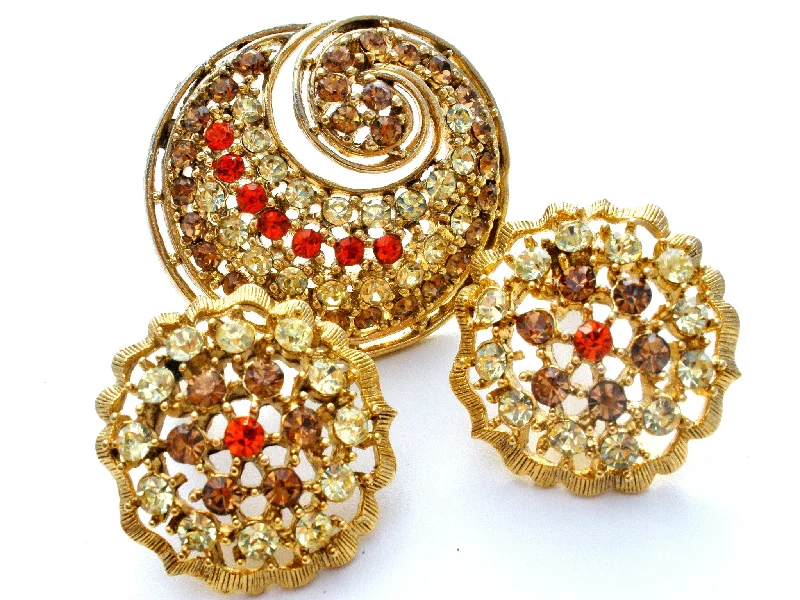 Ladies planet dance brooches -Vintage Rhinestone Brooch & Earrings Set