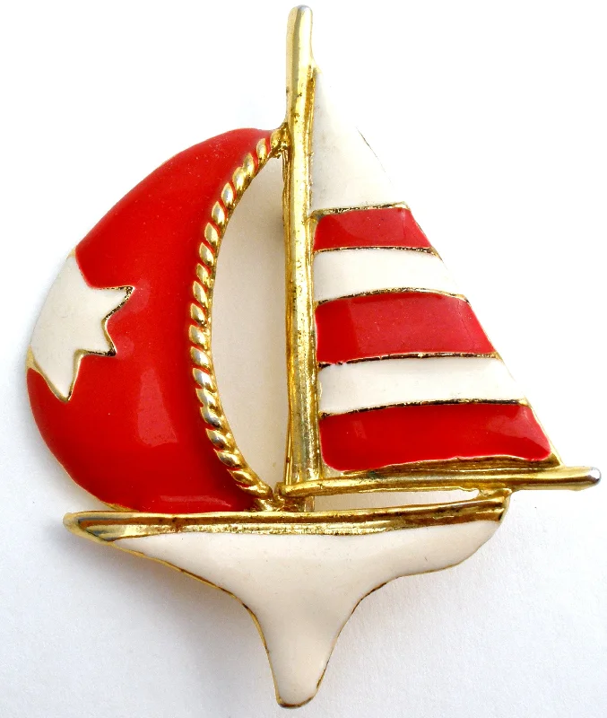 Ladies solid form brooches -Sailboat Brooch Red & White Star Enamel Nautical Pin Vintage