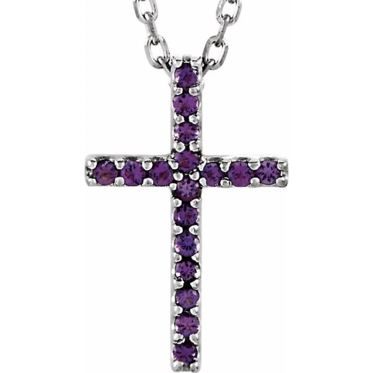 Ladies anniversary sparkle necklaces -14K White Natural Amethyst Petite Cross 16" Necklace