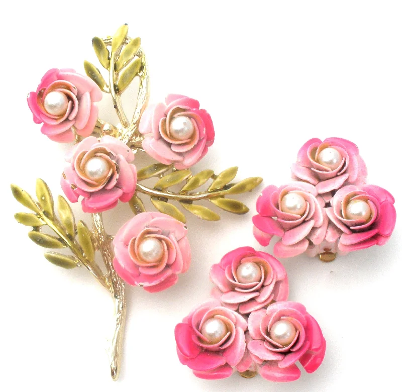 Ladies rhinestone pop brooches -Pink Enamel Pearl Flower Brooch Set