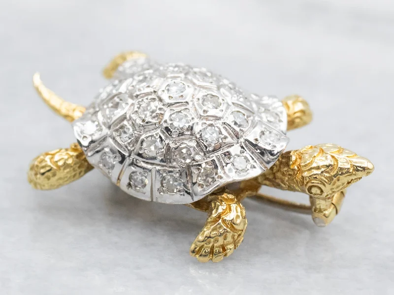 Ladies balanced charm brooches -Two Tone Gold Diamond Turtle Brooch