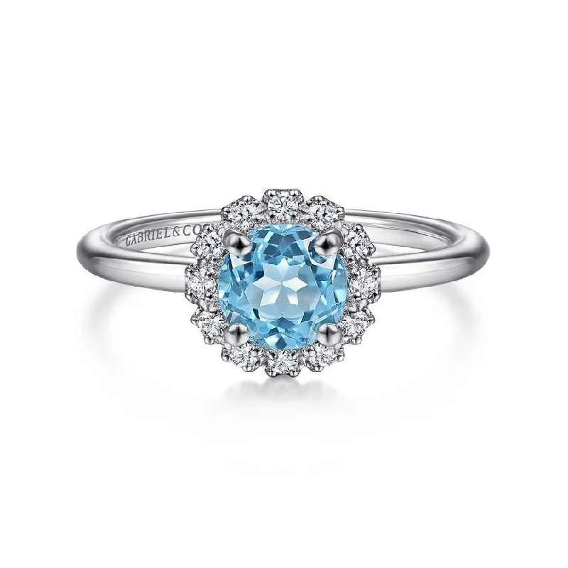 Ladies Rings with Heart Glow-Gabriel & Co. - LR52024W45BT - 14K White Gold Round Blue Topaz and Diamond Halo Ring