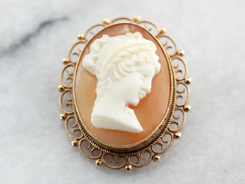 Ladies tribal rhythm brooches -Ornate Cameo Gold Filigree Brooch Pendant