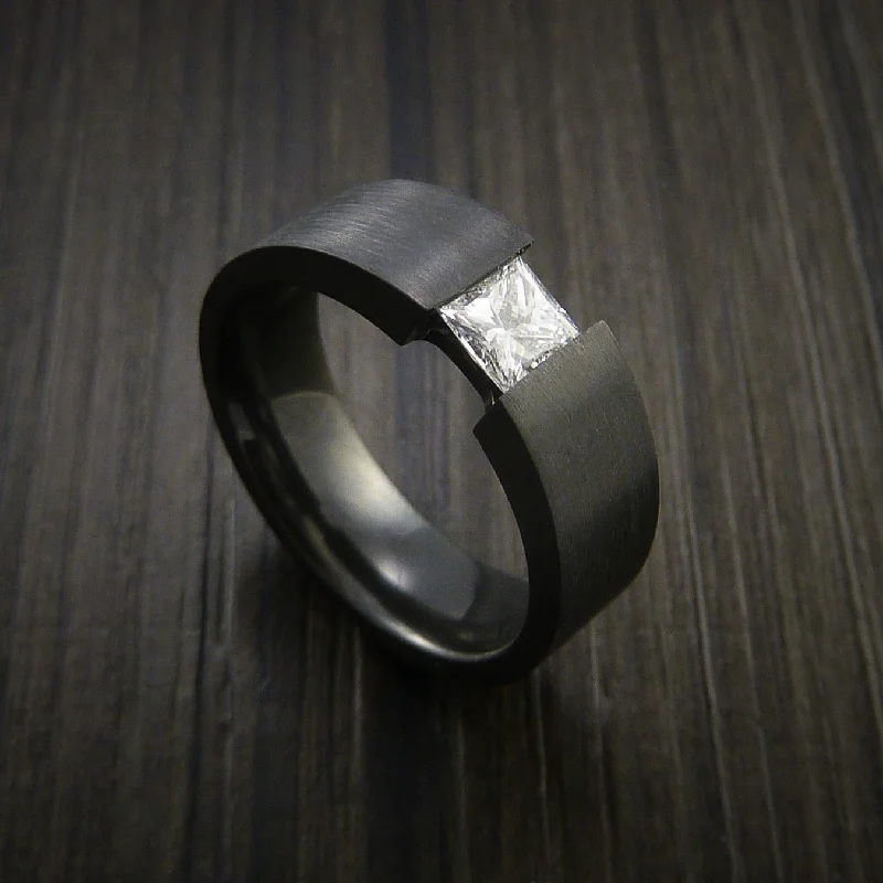 Ladies Rings Infinite Spark-Black Zirconium Ring Tension Setting Band with Princess Cut Moissanite