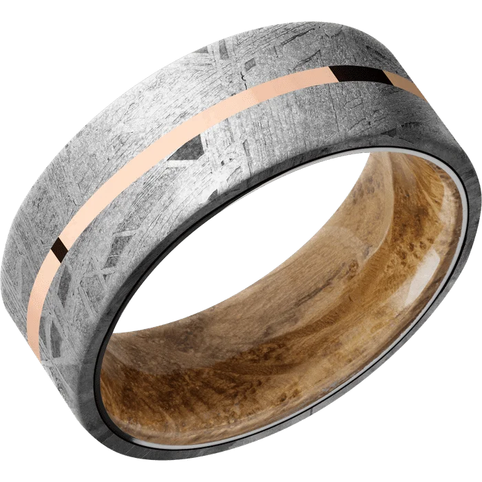 Ladies Rings with Olive Peridot-8mm wide Flat Meteorite Ring / One 1mm Centered 14k Rose Gold Inlay with Polish Finish / Whiskey Barrel Sleeve