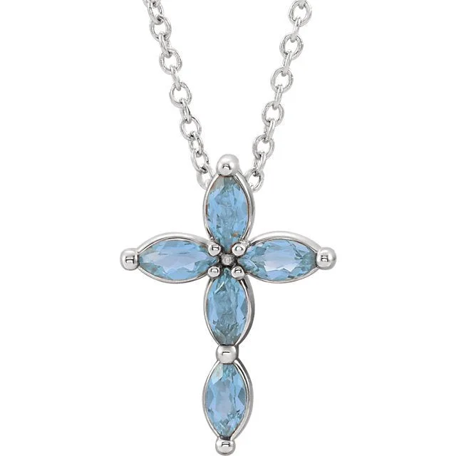 Ladies dazzling party necklaces -14KT GOLD .35 CTW MARQUISE AQUAMARINE PETITE CROSS NECKLACE