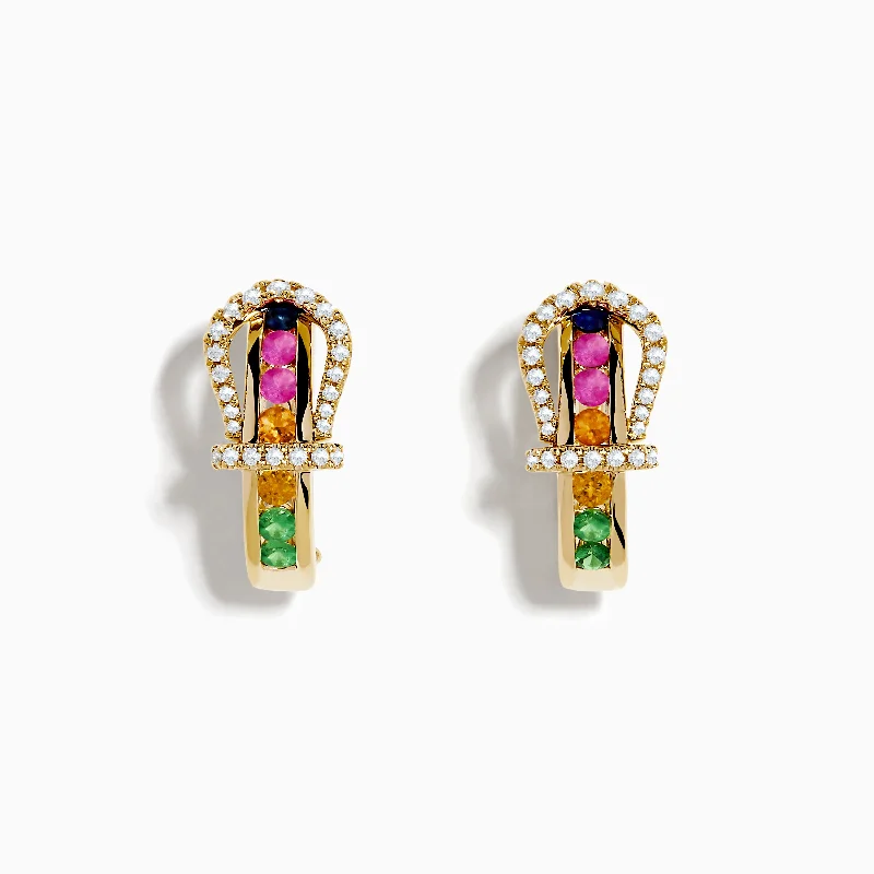 Ladies Earrings with Yellow Xenotime-14K Yellow Gold Multi Color Sapphire and Diamond Horseshoe Hoop Earrings