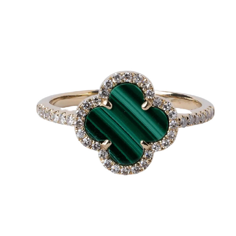 Ladies Rings Bright Spark-14k Yellow Gold Malachite and Diamond Halo Clover Ring