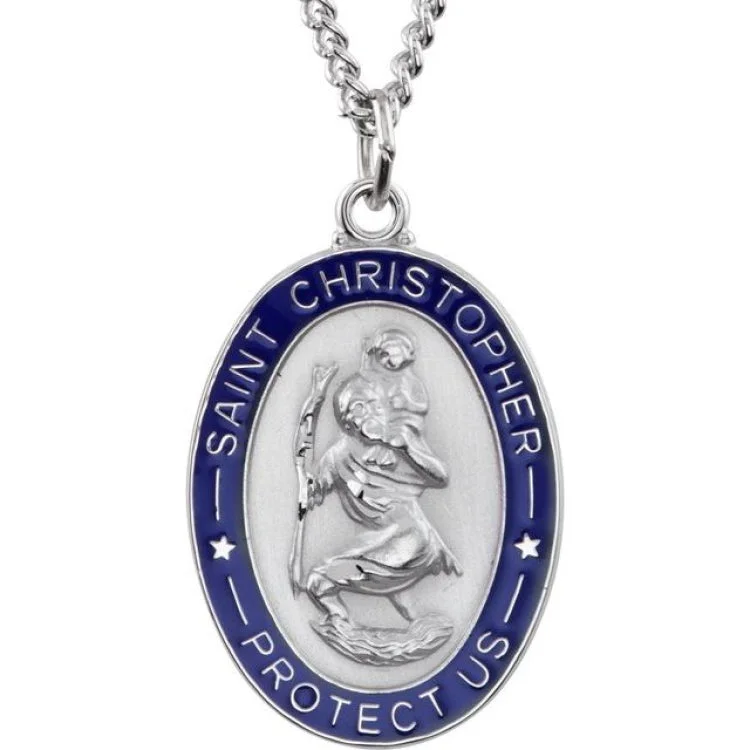 Ladies key charm necklaces -Sterling Silver 26x20 mm Blue Enamel St. Christopher Medal 24" Necklace