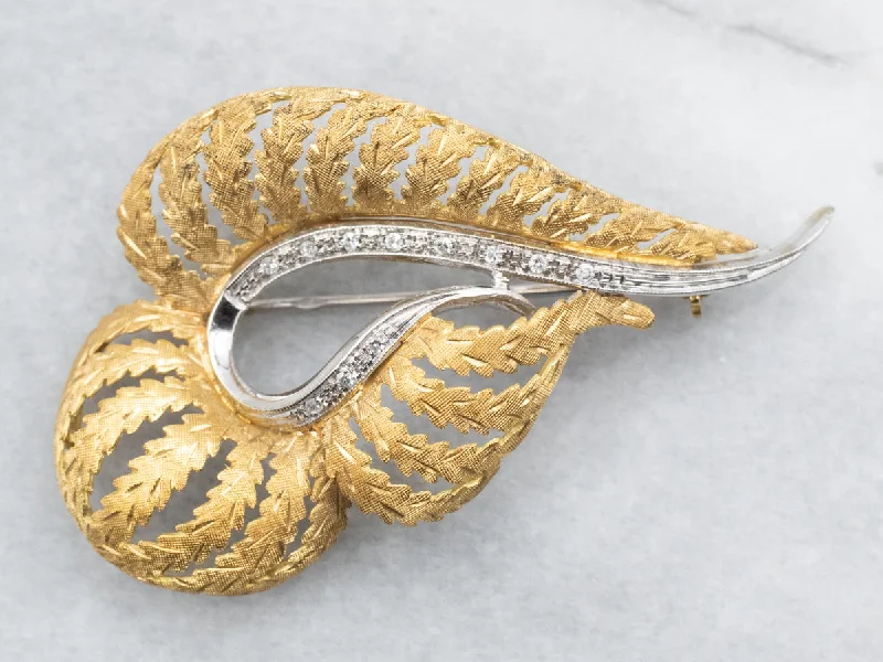 Ladies moonlit spark brooches -Yellow and White Gold Leaf Brooch with Diamond Accents