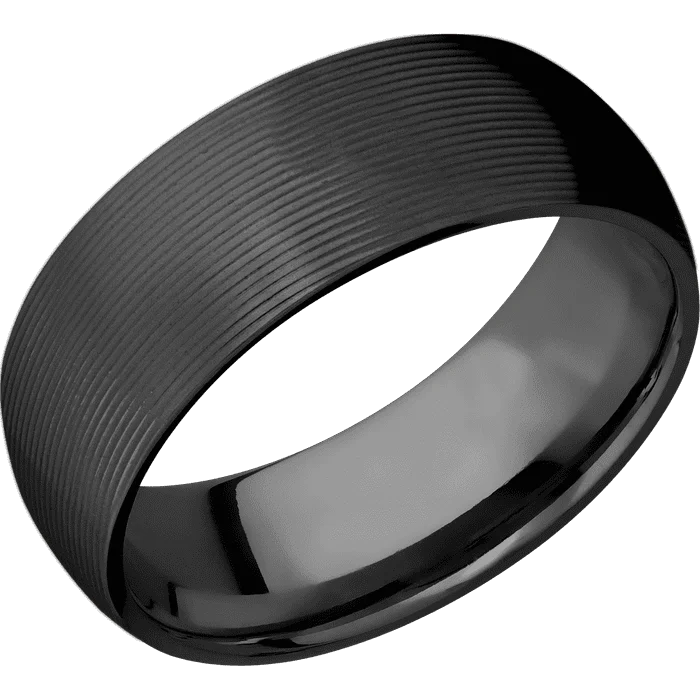 Ladies Rings with Clear Natrolite-8mm wide Domed Black Zirconium Ring with Machine Finish