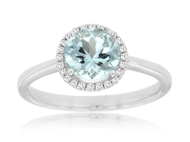 Ladies Rings with Green Rosasite-14K White Gold Round Aquamarine Diamond Halo Ring