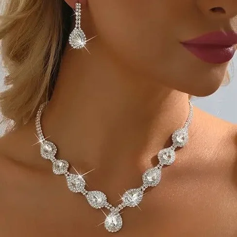 Ladies Earrings with White Thaumasite-3pcs Jewelry Set l Rhinestone Earrings l Necklace l Bracelet l Prom l Wedding JS-945