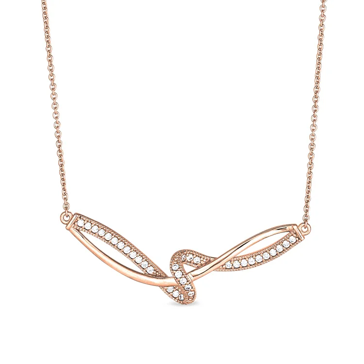 Ladies bespoke artisan necklaces -Rose Gold Finish Sterling Silver Micropave Ribbon Swirll Necklace with Simulated Diamonds on 16" - 18" Adjustable Chain