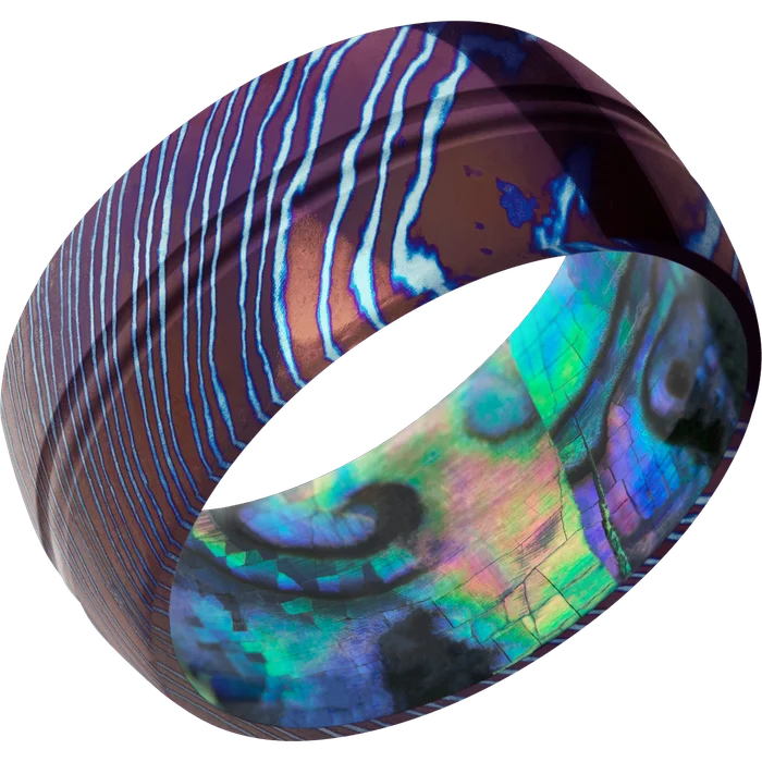 Ladies Rings Flex Shine-10mm wide Domed Center Round Kuro-Ti Ring with Satin Etched Kuro-Ti Finish / Abalone Sleeve