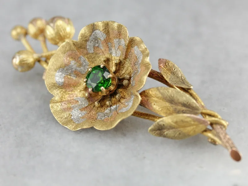 Ladies deco elegance brooches -Demantoid Garnet Floral Gold Brooch