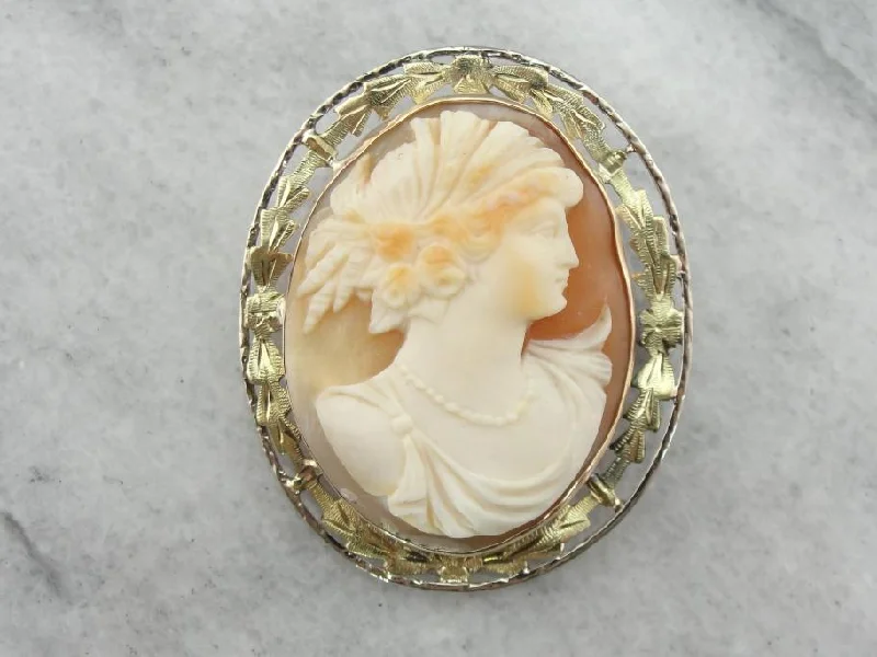 Ladies rose bloom brooches -Art Nouveau Cameo Brooch with Green Gold Frame