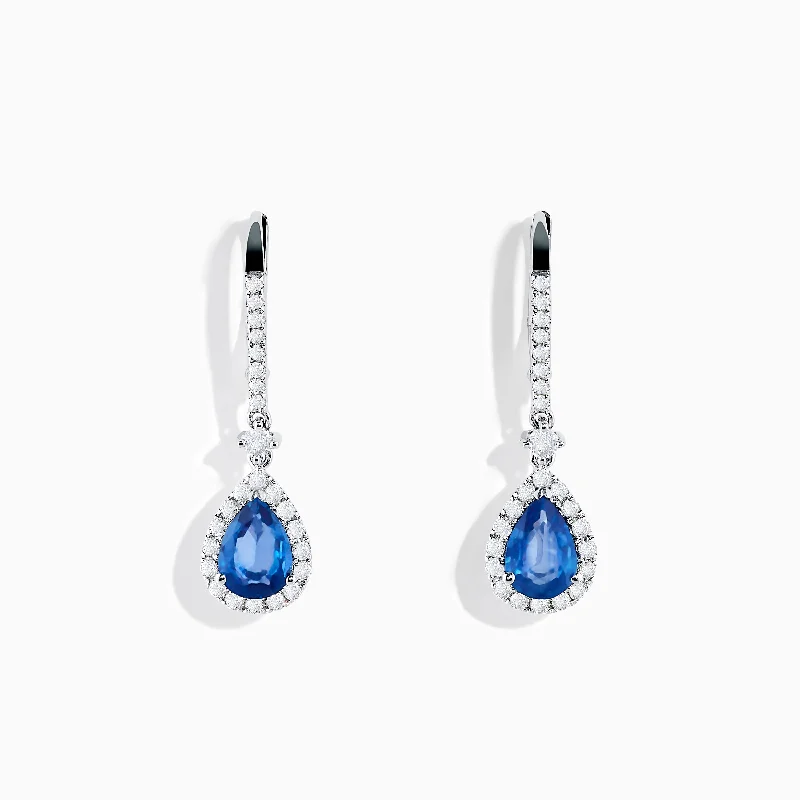 Ladies Earrings for Student Spark-14K White Gold Pear Shape Blue Sapphire and Diamond Drop Earrings