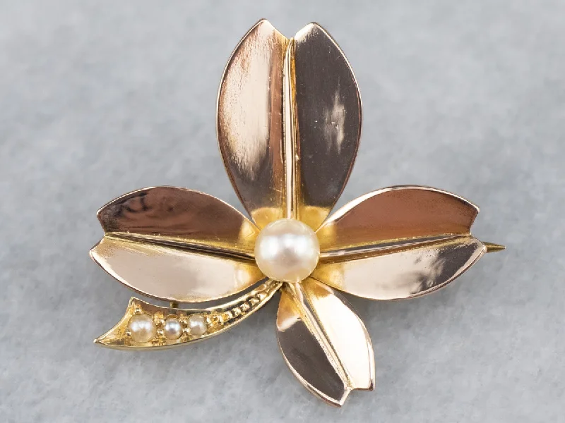 Ladies anniversary sparkle brooches -14K Yellow Gold Antique Pearl and Seed Pearl Clover Brooch