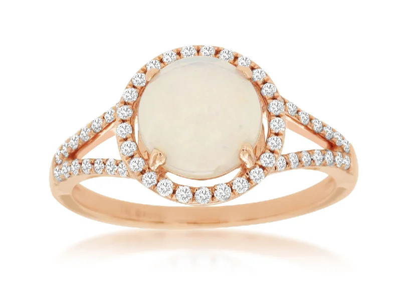 Ladies Rings for Student Spark-Rose Gold Round Opal Halo Ring