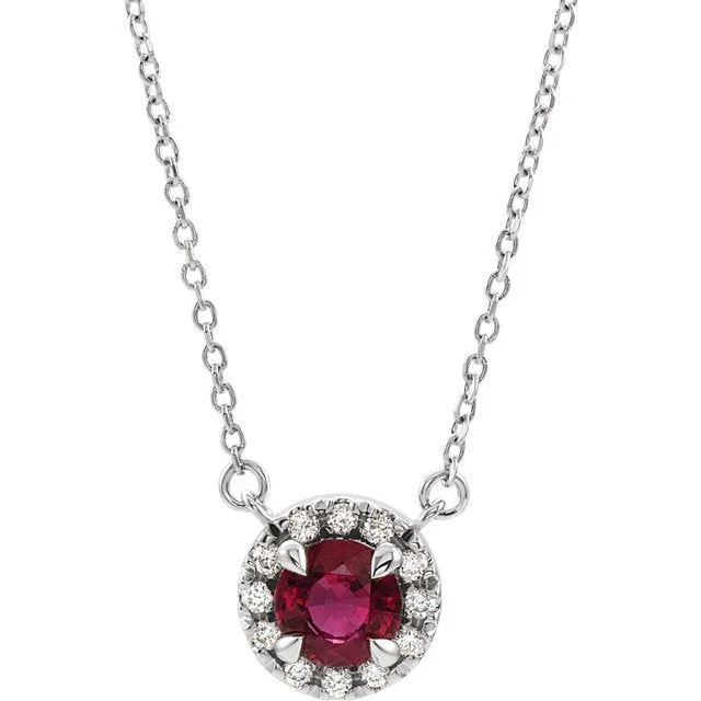 Ladies single hue necklaces -14KT GOLD 0.60 CT GARNET & 0.10 CTW DIAMOND HALO NECKLACE