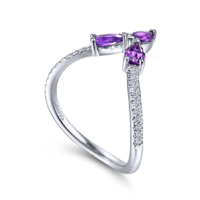 Ladies Rings for Grandma Glow-Gabriel & Co. - LR51840W45AM - 14K White Gold Amethyst and Diamond Curved V Ring