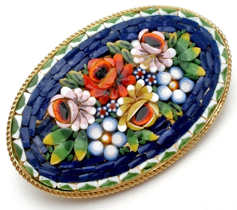 Ladies galaxy spark brooches -Italian Oval Mosaic Flower Brooch Pin Vintage