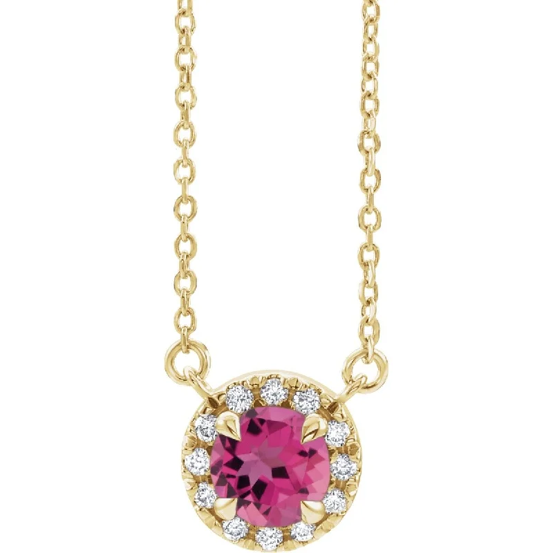 Ladies brave charm necklaces -14KT GOLD 3/4 CT PINK TOURMALINE & 1/10 CTW DIAMOND ROUND HALO NECKLACE