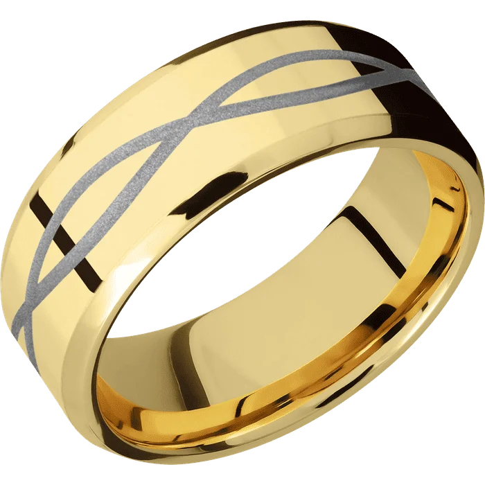 Ladies Rings with Petal Spark-8mm wide Beveled 14k Yellow Gold Ring with Polish Finish / Infinity Design and Crushed Silver Cerakote Accents