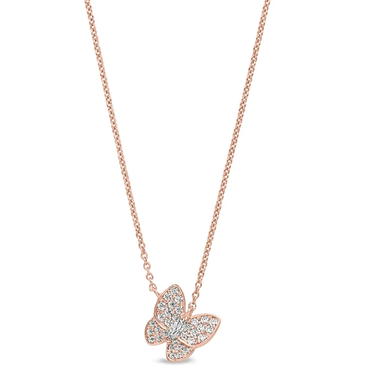 Ladies rainbow burst necklaces -Rose Gold Finish Sterling Silver Micropave Butterfly Necklace with Simulated Diamonds on 16"-18" Adjustable Chain