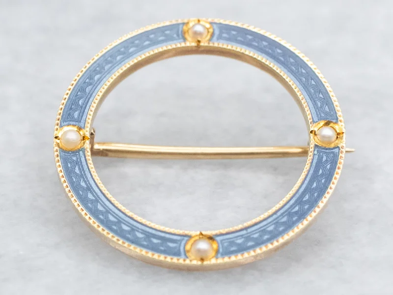 Ladies quiet charm brooches -Blue Enamel and Seed Pearl Brooch