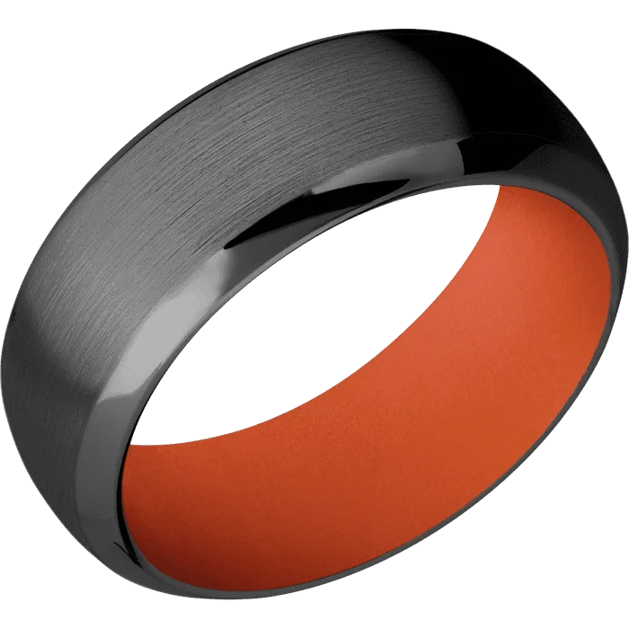 Ladies Rings in Rose Spark-8mm wide Domed Bevel Black Zirconium Ring with Satin Finish / Hunter Orange Cerakote Sleeve