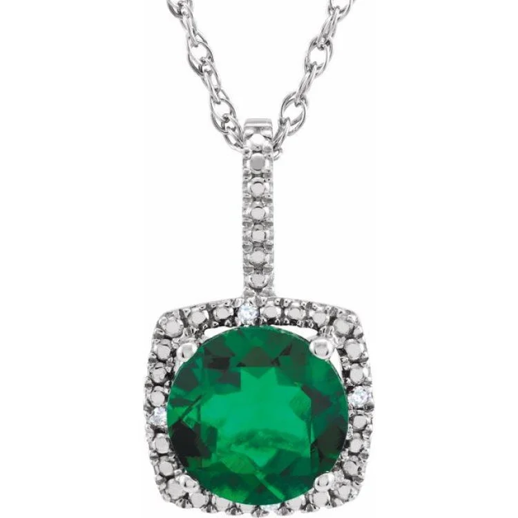 Ladies warm gleam necklaces -Sterling Silver 7 mm Lab-Grown Emerald & .015 CTW Natural Diamond 18" Necklace