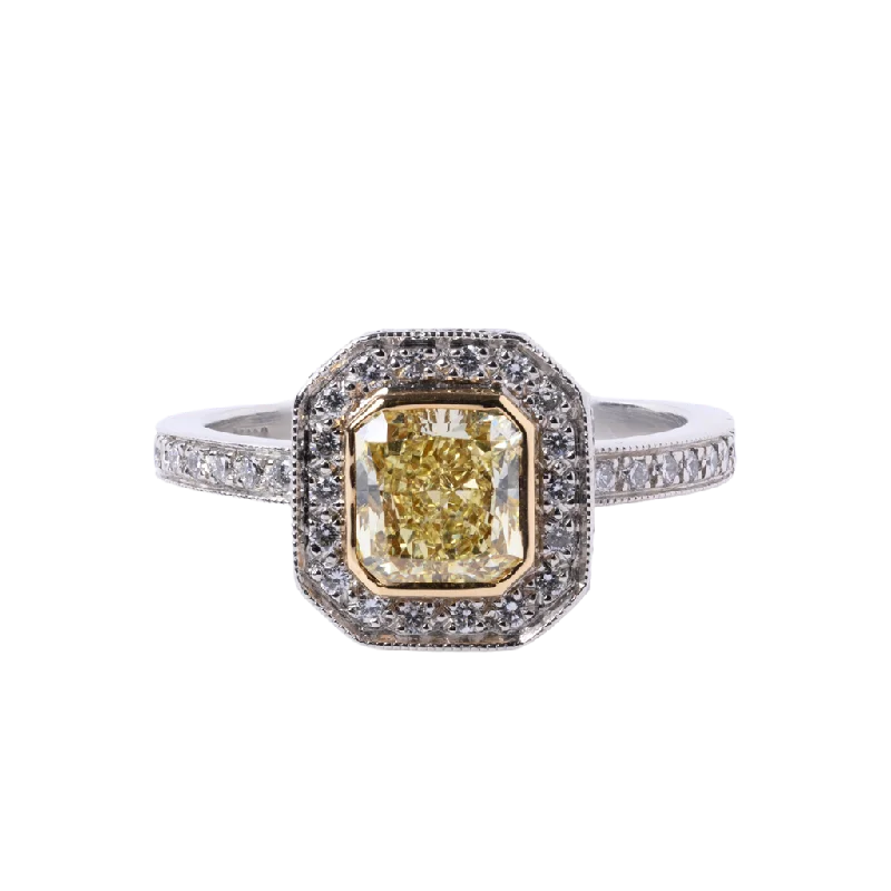 Ladies Rings with White Muscovite-14k White Gold Yellow Radiant Diamond Halo Ring