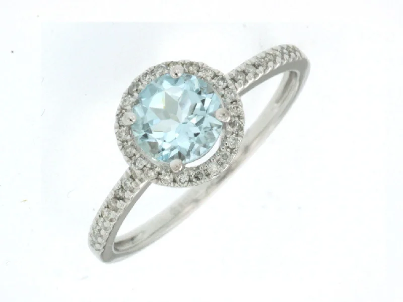 Ladies Rings with Blue Shattuckite-14K White Gold Round Aquamarine with Diamond Halo Ring