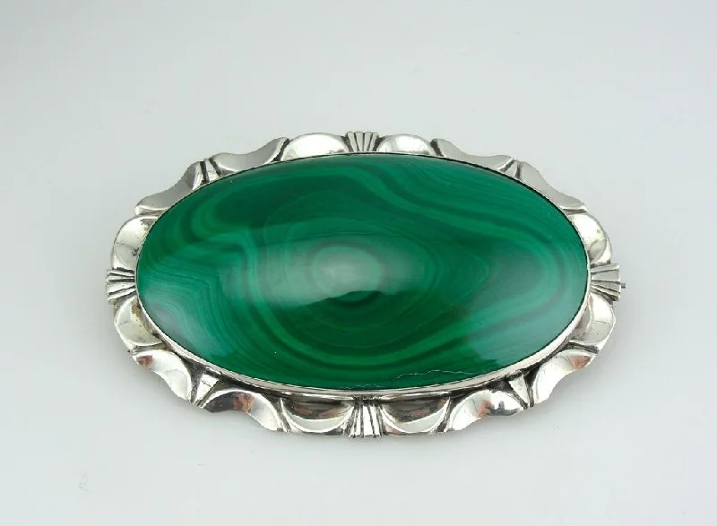 Ladies lock glow brooches -Bright Green Malachite Brooch or Pendant with Mid Century Sterling Frame