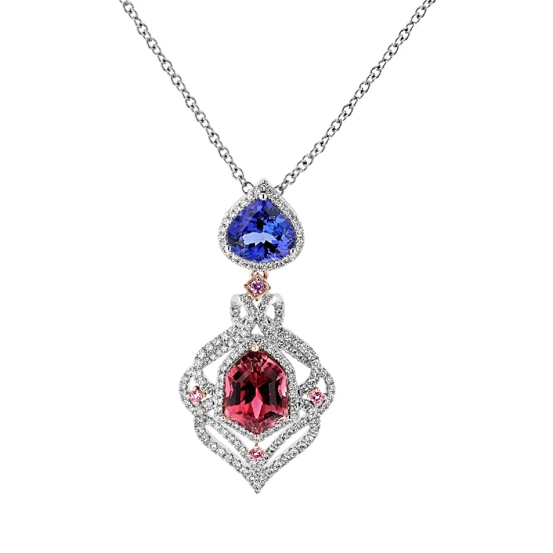 Ladies rugged charm necklaces -JULEVE PINK TOURMALINE, TANZANITE, SAPPHIRE & DIAMOND HALO NECKLACE