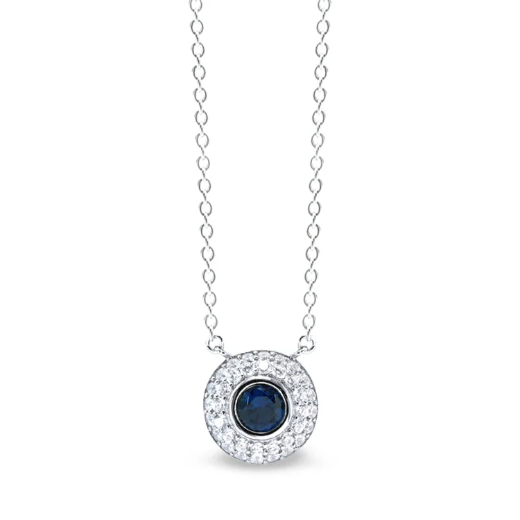 Ladies whisper-light necklaces -Platinum Finish Sterling Silver Micropave Necklace with Synthetic Blue Sapphire and Simulated Diamonds on 18" Cable Chain