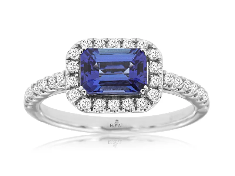 Ladies Rings with Sky Topaz-Emerald Cut Tanzanite with a Diamond Halo Ring