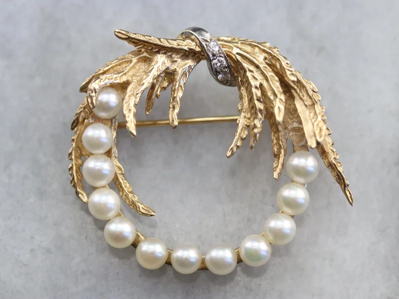 Ladies solid form brooches -Mid Century Pearl and Diamond Gold Brooch