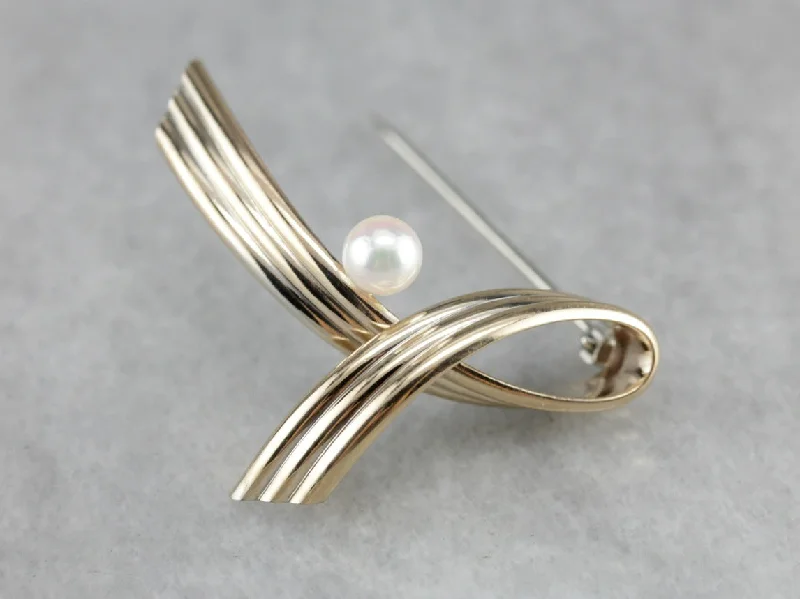 Ladies yoga breeze brooches -Modernist Pearl Gold Ribbon Brooch