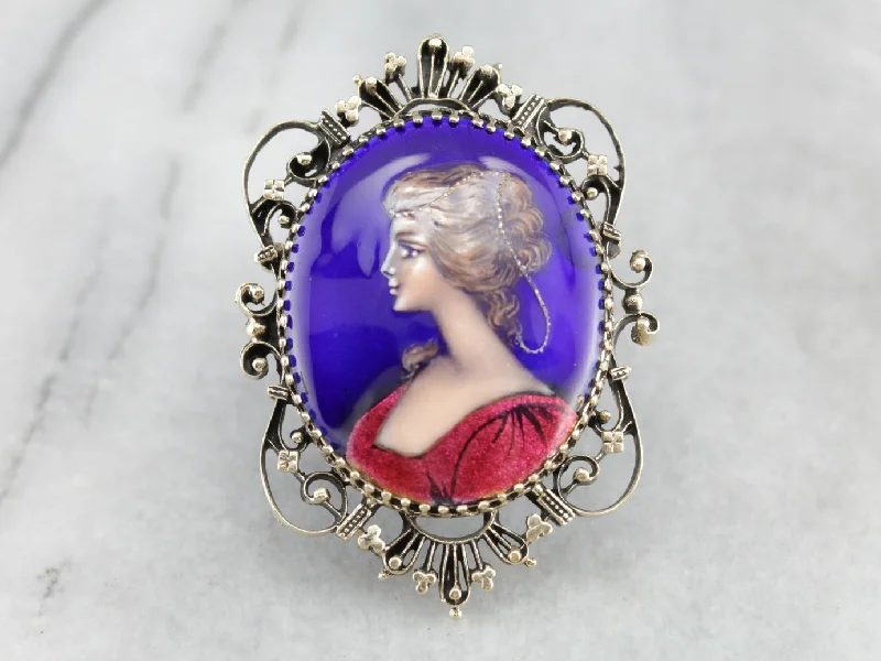 Ladies dreamy moonstone brooches -Exquisite Enamel Porcelain Cameo Brooch or Pendant