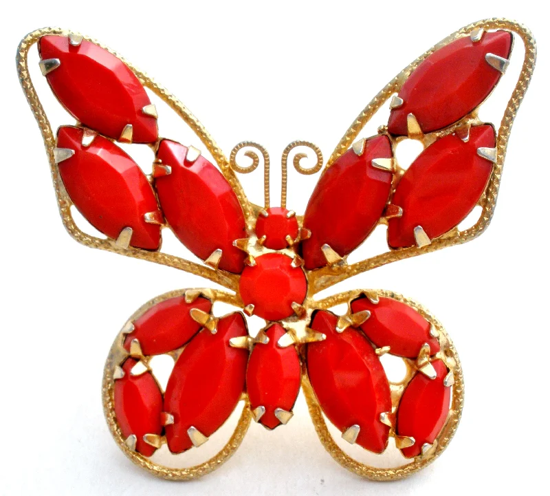 Ladies delicate enamel brooches -Juliana Red Rhinestone Butterfly Brooch Pin Vintage