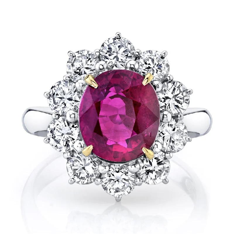 Ladies Rings with Heart Spark-Platinum and 18k Yellow Gold 4.09ct Ruby and Diamond Halo Ring