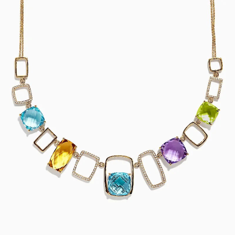 Ladies warm gleam necklaces -Mosaic 14K Yellow Gold Multi Gemstone and Diamond Necklace, 42.82 TCW