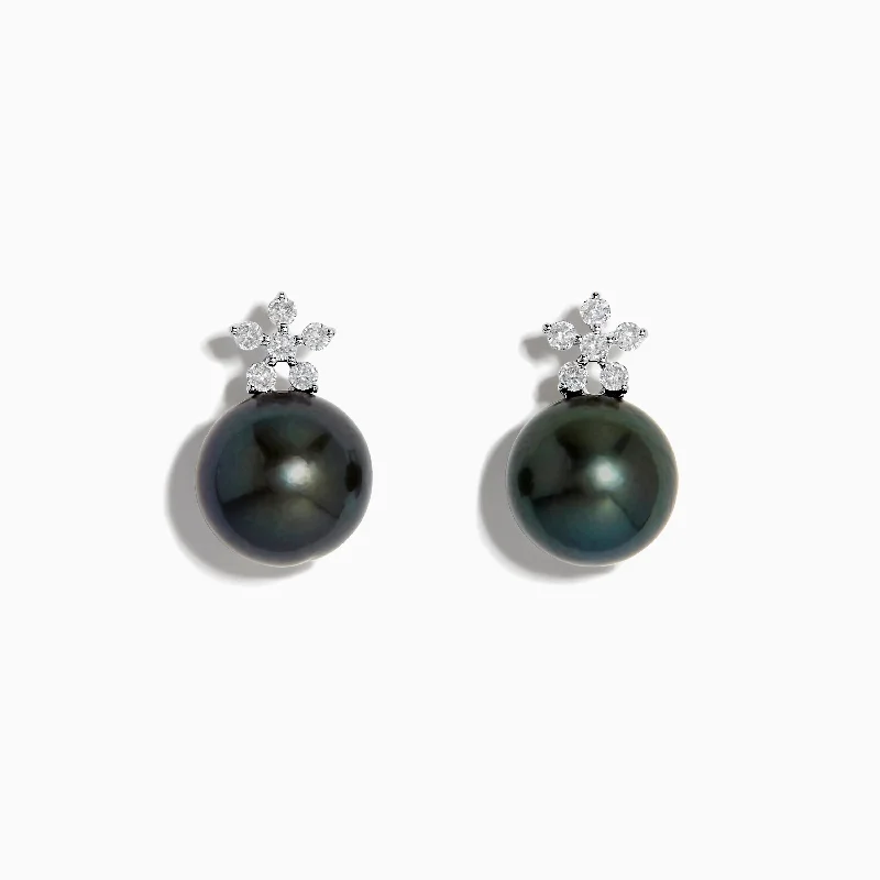 Ladies Earrings with Green Rosasite-14K White Gold Tahitian Pearl and Diamond Earrings 9-10 mm