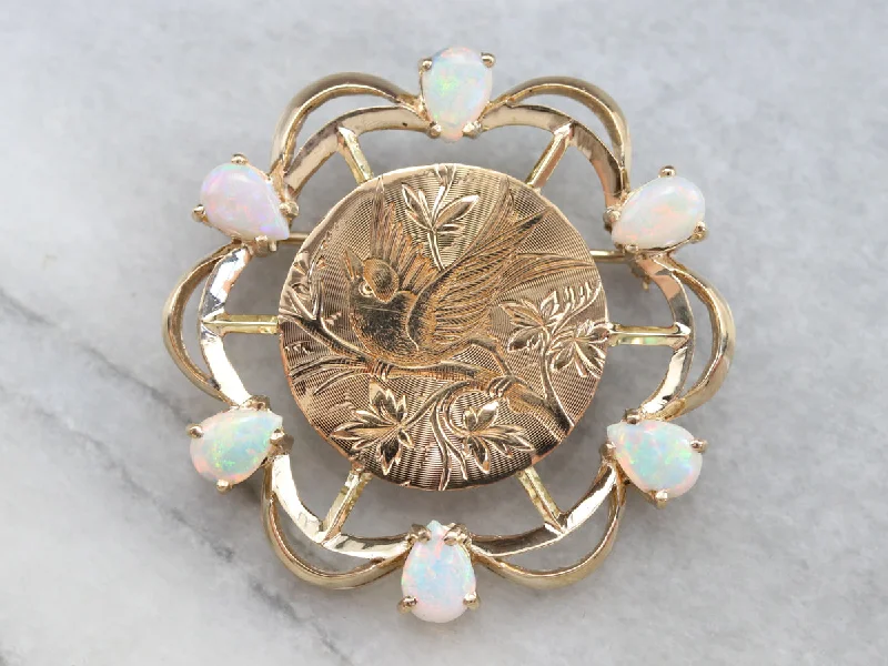 Ladies zirconia spark brooches -Opal Songbird Etched Gold Brooch