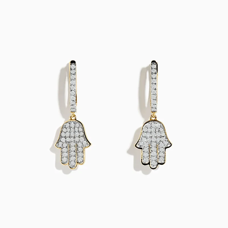 Ladies Earrings with Gold Fibrolite-Novelty 14K Yellow Gold Diamond Hamsa Earrings