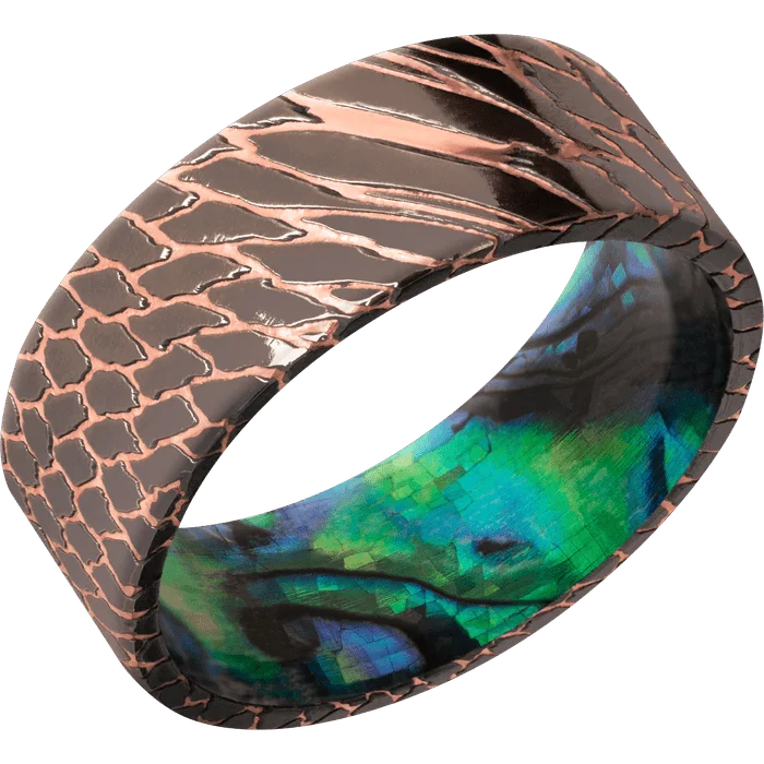 Ladies Rings with Wave Spark-8mm wide Flat Darkened Superconductor Ring with Polish Etched Superconductor Finish / Abalone Sleeve