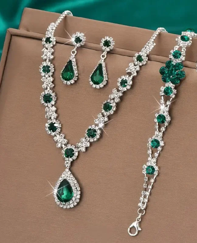 Ladies Earrings for Bridal Glow-4pcs SILVER Emerald Green Jewelry Set l Rhinestone Earrings l Necklace l Bracelet l Prom l Wedding JS-926